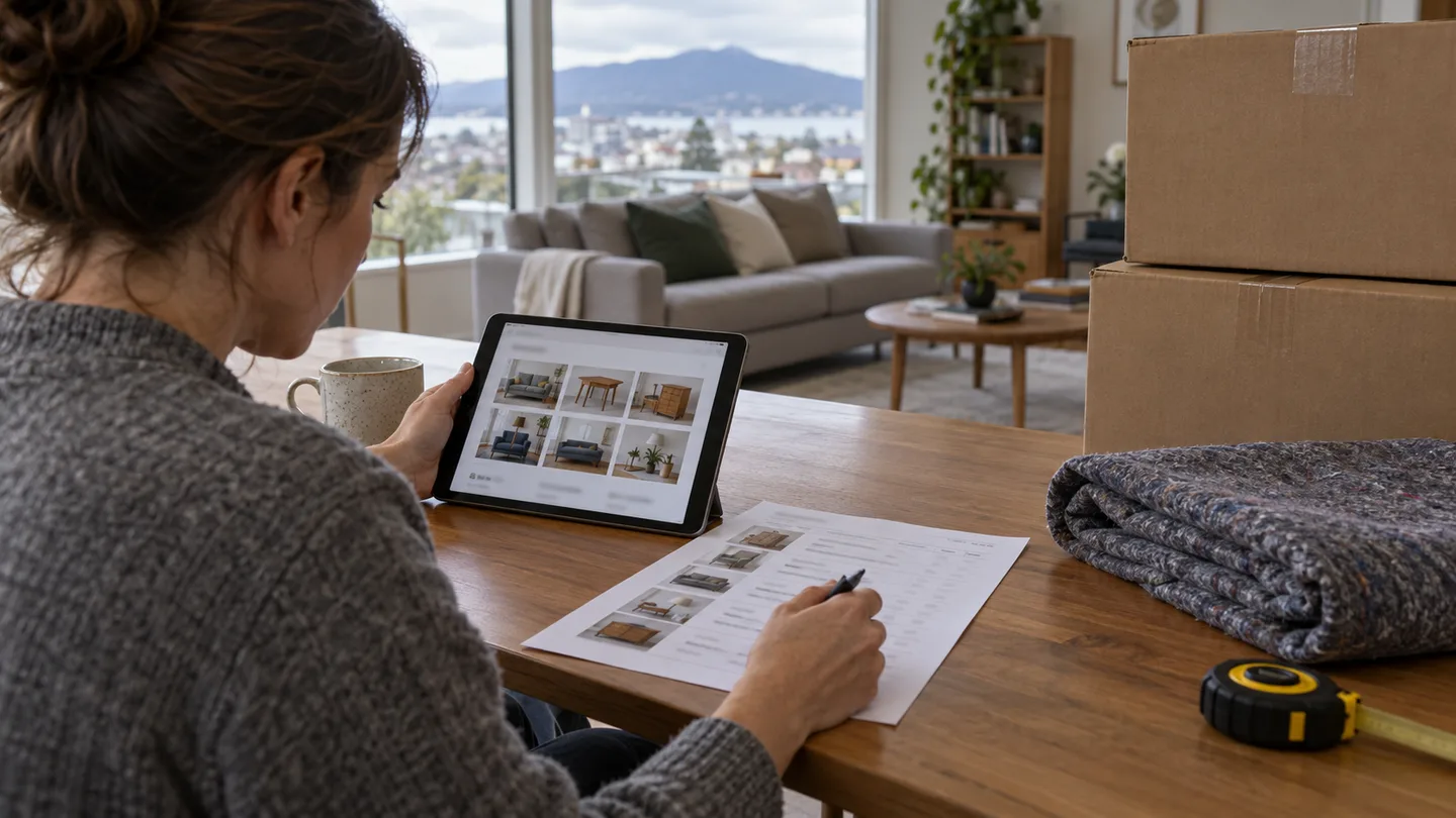 Illustration of a homeowner checking furniture photographs and an inventory before arranging retrieval from storage