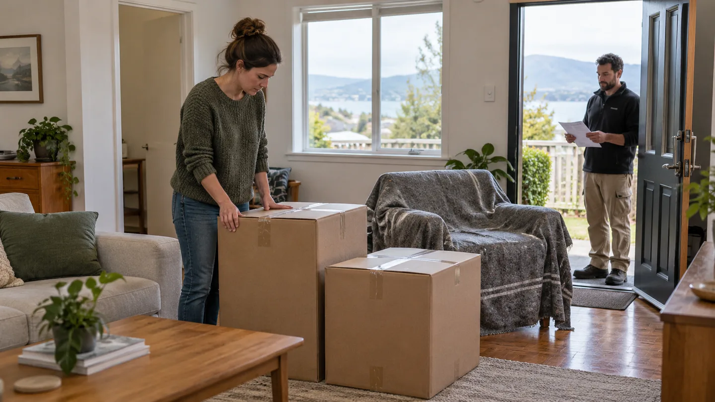 Illustration of a household checking cartons and protected furniture at home after return delivery from storage