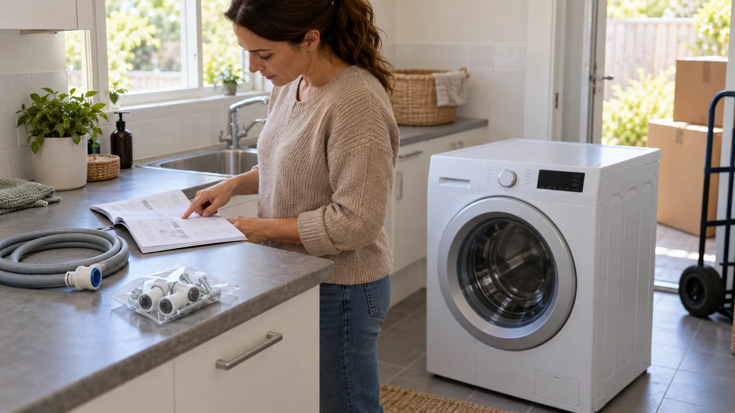 Owner checking a washing machine manual with transport hardware and a dry hose set aside.