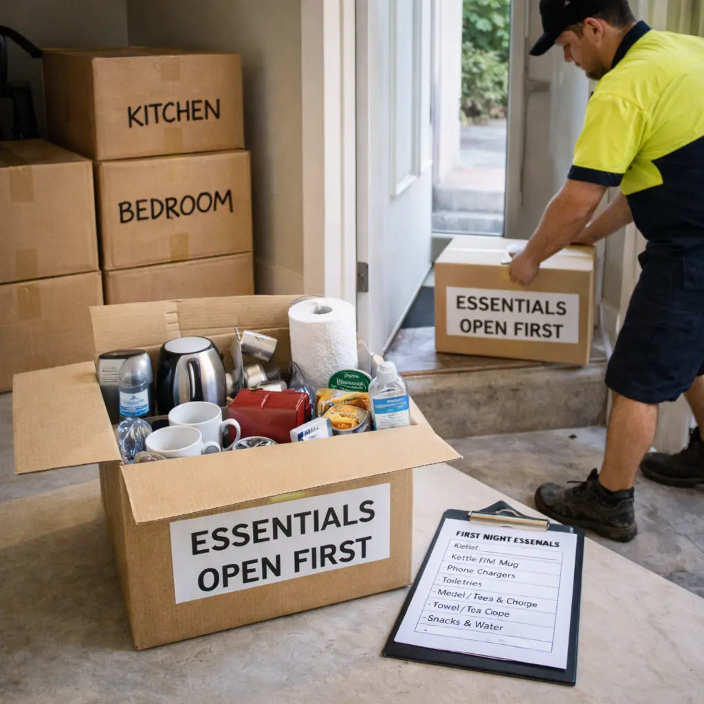 Essentials moving box with priority labels and a checklist for first-night items during a Tasmania home move