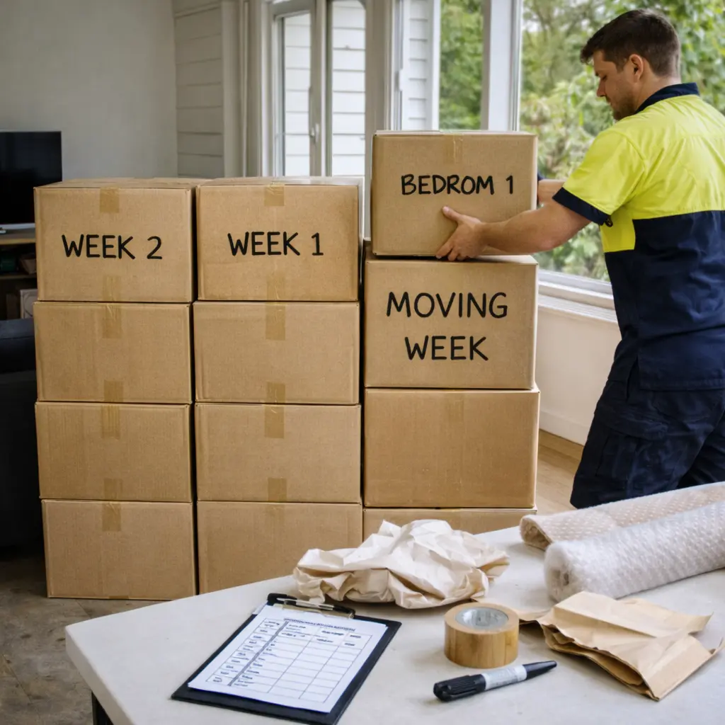 Week-by-week packing plan with labelled moving cartons staged neatly for a local Tasmania house move