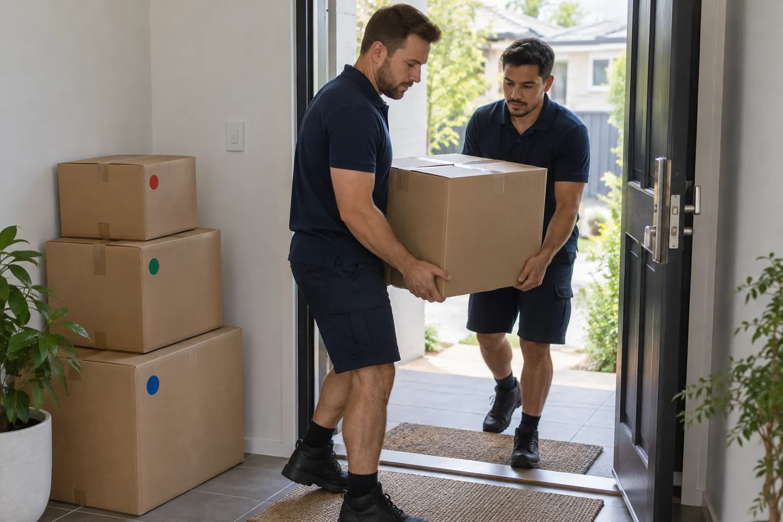 Illustration of two movers carrying one sealed carton through an open doorway