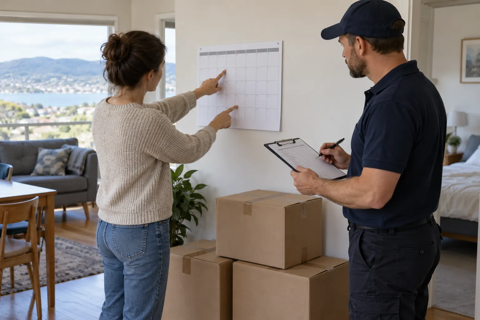 Illustration of a resident and mover discussing moving dates beside packed cartons